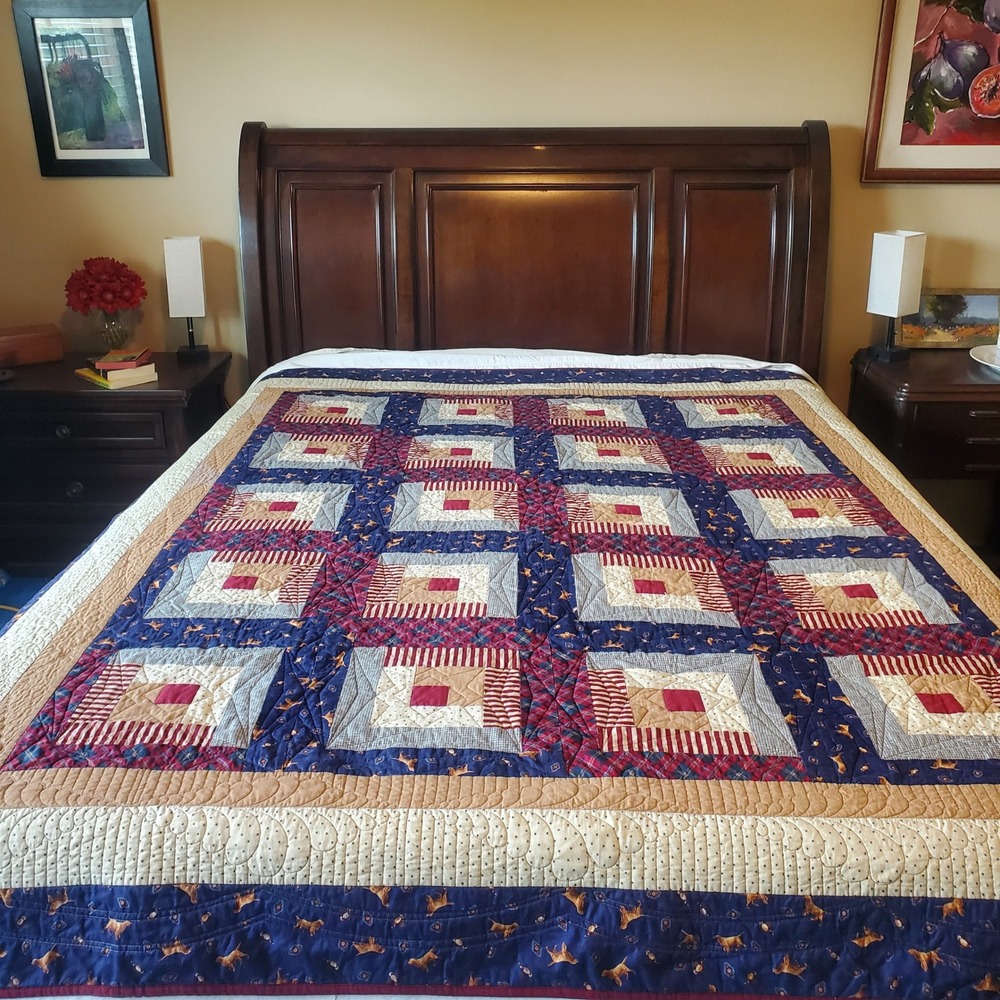 Handmade Log Cabin Patchwork Quilt Navy Blue Burgundy Plaid Dog Print 70x82